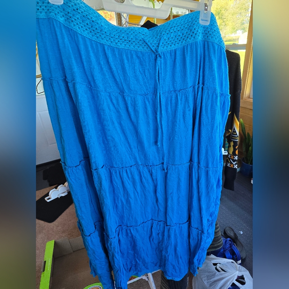 St John's Bay Tiered Maxi crinkle skirt with crochet waistband blue